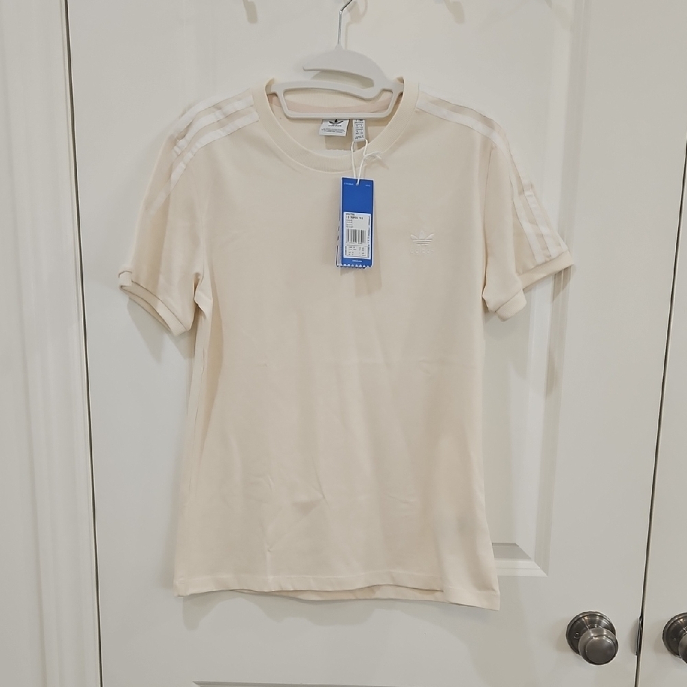Adidas Off-White Tee with Shoulder Stripes